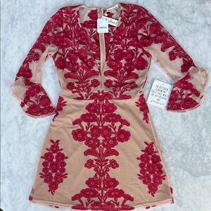 For Love & Lemons Temecula Red Floral embroidered 3/4 ruffle sleeve Dress NWT